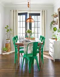 Mismatched Dining Chairs Suddenly Belong Together When Given A Fresh Coat Of Paint Spray Painti Green Dining Room Farmhouse Kitchen Design Green Dining Chairs