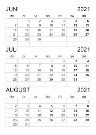 Hier finden sie den kalender 2021 mit nationalen und anderen feiertagen für deutschland. Kalender Juni Juli August 2021 Kalender Su
