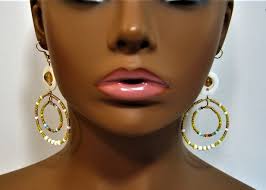 Mother of Pearl Accent Gold Glass Beaded BOHO Hippie Style Dangle Hoop  Earrings 2.5 in Long