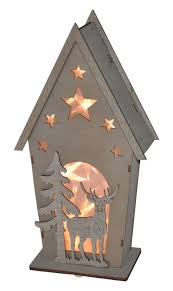 Led Deko Holz Häuschen Mit Hirsch Und Tanne Weihnachtsdeko Fensterdeko Tischdeko