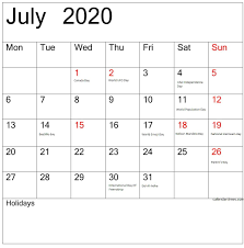 July 2020 Calendar With Holidays And Events In 2020 Holiday Calendar World Friendship Day Holiday Printables
