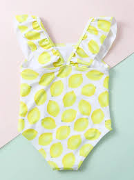 Toddler girls and toddler boys swim sun suit Baby Girl Lemon Print Ruffle One Piece Swimsuit Shein Asia