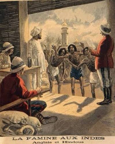 Famine, Hindu men in front of the British, 1897, illustration from Petit Journal Thin dogs, neglected children and rising crime Thin dogs and domestic animals, expensive grain, and unemployed men wandering in