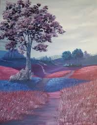Original Acrylmalerei Auf Leinwand Bunte Landschaft Wiese Baume Violett Blau Acryl Landschaft Leinwand