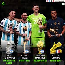 ? 2022年世界杯： ?? 利奥内尔·梅西— 金球?? 吉兰·姆巴佩— 金靴?? 埃米利亚诺·马丁内斯— 最佳守门员??  埃恩佐·费尔南德斯— 季后最佳球员