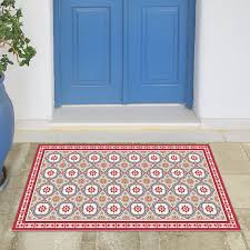Linoleum Doormat With Spanish Tiles In Red And Blue Vinyl Etsy Vinyl Floor Mat Spanish Tile Inspiral Carpets