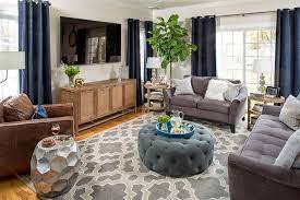 Transitional Living Room Features Tasteful Design Blue Curtains Living Room Navy Curtains Living Room Rugs In Living Room
