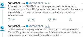 ¿en qué afecta la suspensión de la fecha doble de las eliminatorias a la selección peruana? Oficial Conmebol Suspendio La Doble Fecha De Eliminatorias Sudamericanas De Marzo Dgmediosnoticias
