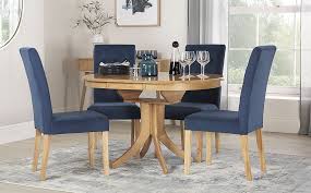 See our guide to find your perfect fit. Hudson Round Oak Extending Dining Table With 4 Regent Blue Velvet Chairs Furniture And Choice
