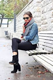 Black Ankle Boots With Blue Jeans Women S Blue Denim Jacket Black Skinny Jeans Black Suede Ankle Boots Black And White Houndstooth Scarf Houndstooth Scarf Blue Denim Jacket Black And White Scarf