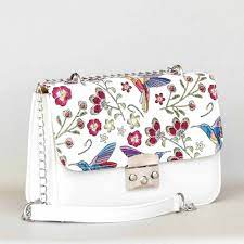 Българска малка дамска чанта от еко кожа с цветя, твърда, бяла - Онлайн  магазин за чанти LuxZona.eu