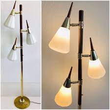 Vintage Mcm Pole Floor Lamp 3 Light Cone Glass Shade Teak Wood Gold Metal Lamp Floor Lamp Vintage Floor Lamp