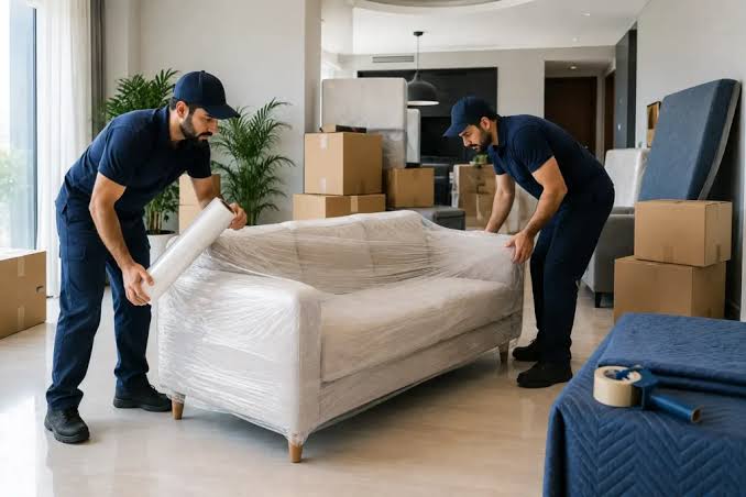 Professional movers safely carrying protected furniture into a new home