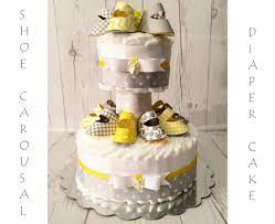 Yellow Gray Baby Shoe Carousal Gender Neutral Diaper Cake Centerpiec