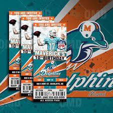 Miami Dolphins Ticket Style Sports Party Invitations Football Birthday Football Theme Birthday Sports Party Invitations