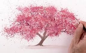 Acrylic painting for beginners of beautiful and simple flowers. Watercolor Technique To Splatter Cherry Blossom Trees