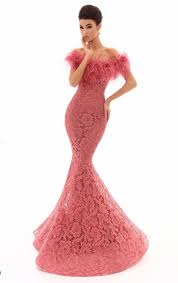 Tarik Ediz 93635 An Allover Lace Mermaid Silhouette Evening Gown With An Off Shoulder Feather Neckl Tarik Ediz Dresses Prom Mermaid Evening Gown Fancy Dresses