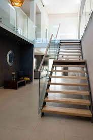 Custom Mild Steel Staircase Timber Treads And Side Fixed Glass Balustrades Balustrade Design Beach House Interior Glass Stairs