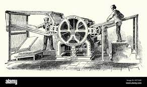 Eine Alte Gravur, Die Eine Rotierende Druckmaschine Vom Typ Hoe Aus Der  Mitte Des 19. Jahrhunderts Zeigt – Diese Version Ist Eine  Zwei-Zylinder-Druckmaschine. Es Stammt Aus Einem Buch Der 1890Er Jahre Über