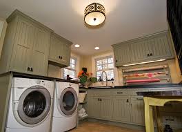 Baroque Flush Mount Chandelier In Laundry Room Traditional With Wrapping Station Next To Light Green Cabinets