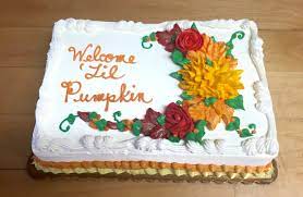 Fall Themed Baby Shower Sheet Cake Mueller S Bakery Baby Shower Pumpkin Halloween Baby Shower Thanksgiving Baby Shower