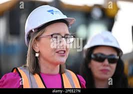 Victorian Deputy Premier Jacinta Allen addresses the media during a tour of  a level crossing removal site in Pakenham in Melbourne, Thursday, March 16,  2023. (AAP Image/James Ross) NO ARCHIVING ** STRICTLY