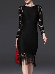 Shop Midi Dresses Black Fringed Long Sleeve Midi Dress Online Discover Unique Designers Fash Sheer Lace Dress Long Sleeve Midi Dress Designer Dresses Online