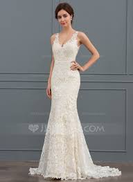 Us 318 00 Trumpet Mermaid V Neck Sweep Train Lace Wedding Dress Jj S House Wedding Dresses Lace Wedding Dresses Wedding Dresses With Straps