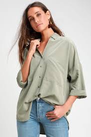 Revelry Light Olive Green Oversized Button Up Top Olive Green Shirt Outfit Green Shirt Outfits Olive Green Shirt
