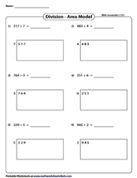 Model each problem on the rectangles, dividing and shading the regions based on the two fractions, and count the overlapping parts to frame the product fraction in these fraction multiplication using area models worksheets. Division Models Worksheets Area Model Bar Model Array