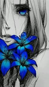 Anime woman in blue top illustration, wlop, violet evergarden. Black White Crying Girl With Blue Eyes And Flowers In Her Hands Anime Art Art Manga Art