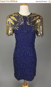 On Sale The On The Wings Of Love 80s 90s Party Dress Navy Gold Sequin Beaded Cocktail Dress Wome Beaded Cocktail Dress Womens Cocktail Dresses Cocktail Dress