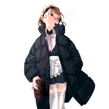 original, highres, 1girl, apron, bag, black coat, black dress, brown bag,  brown hair, coat, dress, expressionless, frilled hairband, frills, grey  eyes, hairband, hand in pocket, lace, lace-trimmed dress, lace trim,  looking to