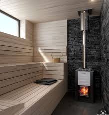 Modern Sauna Clean Lines In Very Light Colored Wood With Contrasting Dark Ledge Rock Stone Behind Stove In 2020 Sauna Design Sauna Diy Sauna House