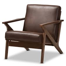 Baxton Studio Bianca Mid Century Modern Walnut Wood Dark Brown Distressed Faux Leather Lounge Chair