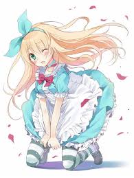 Anime Art Alice In Wonderland Alice Apron Ribbons Hair Bow Striped Socks In The Breeze Long Hair Flowe Anime Painting Alice