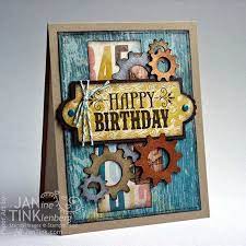 This card has a twin and will be delivered to two family members in may. Greeting Card Happy Birthday Steampunk Gears Handmade For Boyfriend Husband Son Friend In Blue Green Coral Brown Creative Cards Masculine Birthday Cards Card Making