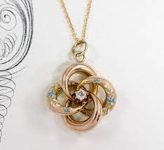 Antique 14k Diamond Love Knot Pendant Enameled Forget Me Not Etsy Cultured Diamonds Jewelry Diamond Flower Pendant