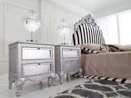 Exquisite Two Modern Silver Nightstand Table With Fancy Crystal Table Lamps And Black White Stripes Headboard Furniture Modern Nightstand Silver Nightstand