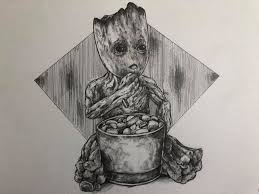 A Baby Groot Drawing Eating Some Candy
