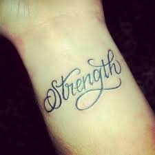 Colored letter tattoo on wrist. Nice Strength Word Tattoo On Wrist