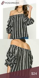 Black And White Striped Off The Shoulder Long Sleeve Top Striped Off Shoulder Bubble Sleeve Top Off Shoulder Tops Sleeve Top