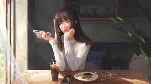 Wallpaper Anime Girls Original Characters Brunette Long Hair Manga Books Bangs Green Eyes Looking Away T Shirt Women With Glasses Sitting Cake Drink Cellphone Earphones Portrait Artwork Drawing Digital Art Illustration If you have a specific vision of what your wallpaper should look like, you can start your design. wallpaper anime girls original