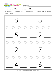 Before And After Numbers 1 10 A Wellspring Basic Math Worksheets Kindergarten Math Worksheets Math Sheets