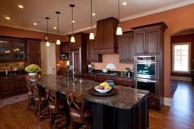 orange traditional kitchen with pendant