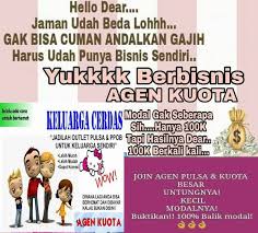 Pasca diberlakukannya peraturan pemerintah tepatnya dari contoh promosi agen kuota kalian bisa buka usaha jdi agen kuota murah dan mendaftarkan agen baru, kata promosi nya bahkan sampai contoh cara menjawab ayo daftar agen kuota. Gunakan Uang 100ribu Peluang Usaha Bisnis Agen Kuota Facebook