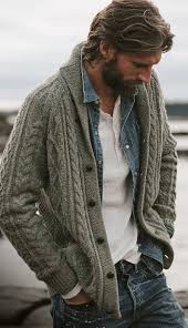 Ralph Lauren Fall Outfit Idea With A Gray Shawl Cable Knit Cardigan Denim Button Up Shirt White Henley B Mens Winter Fashion Mens Fashion Casual Mens Outfits