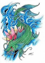 The koi fish, in red and black ink, rests vertically on a background of a colured flower with a distinct blue highlight and grayscale floral patterns amid patterns of parting waves. 42 Koi Dragon Tattoo Drawings Ideas Koi Dragon Tattoo Koi Dragon Dragon Tattoo