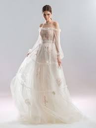 Off Shoulder Bishop Sleeve Wedding Dress Papilio Off The Shoulder A Line Wedding Dress With Floral Applique And Bishop Sleeves Wedding Dresses Unique Bridal Dresses Unusual Wedding Dresses
