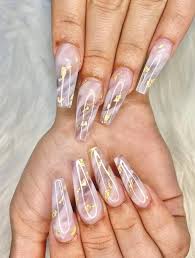 Clear White Marble Coffin Shaped Nails With Gold Foil Detail Gold Acrylic Nails Coffin Shape Nails Gold Nails Plain nails with pink and white marble nails.